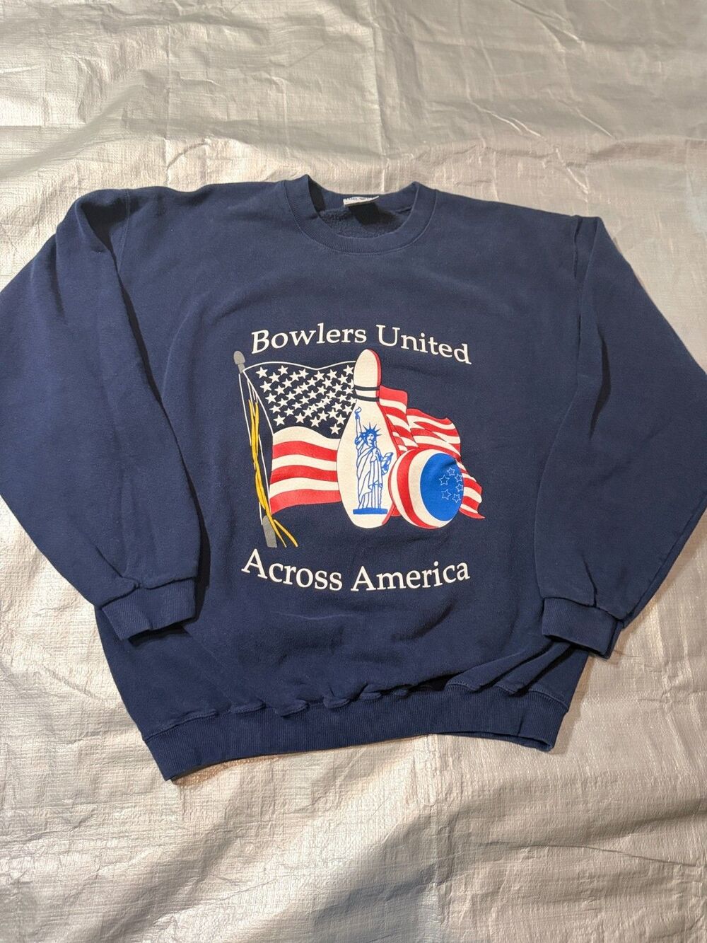 Vintage 90s Bowlers United Sweatshirt Large Navy Blue USA Made King Louie Bowlin